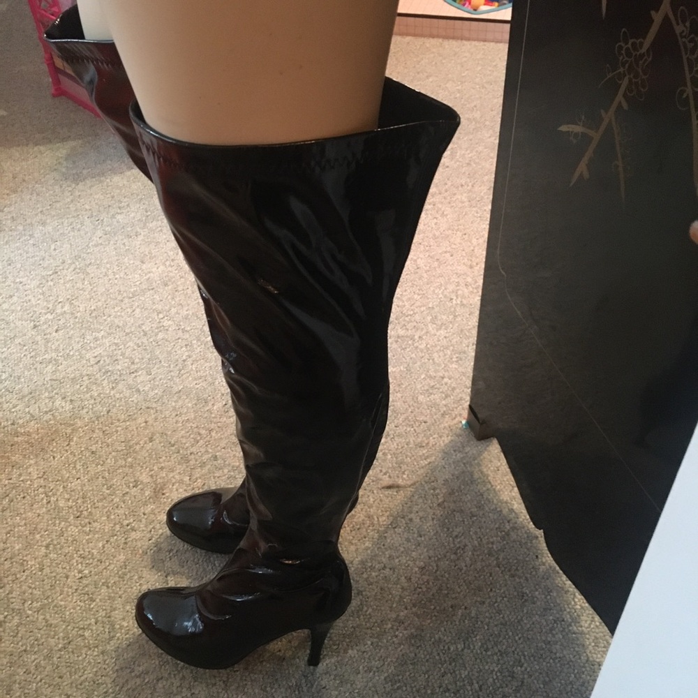 Bewitching Sexy Black Thigh High Patent Vinyl High Heel Boots Spirit Halloween